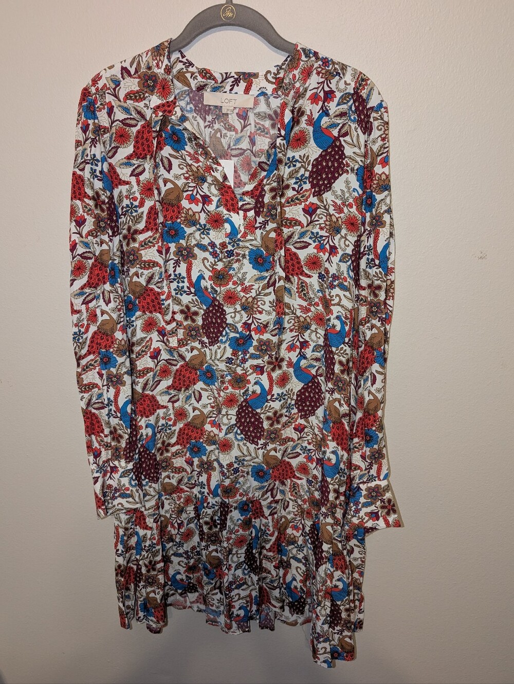 LOFT Multicolor Floral & Peacock Print Long Sleeve Dress